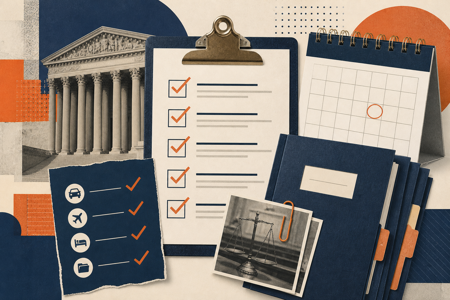 Hearing-preparation checklists with offshore legal support editorial illustration