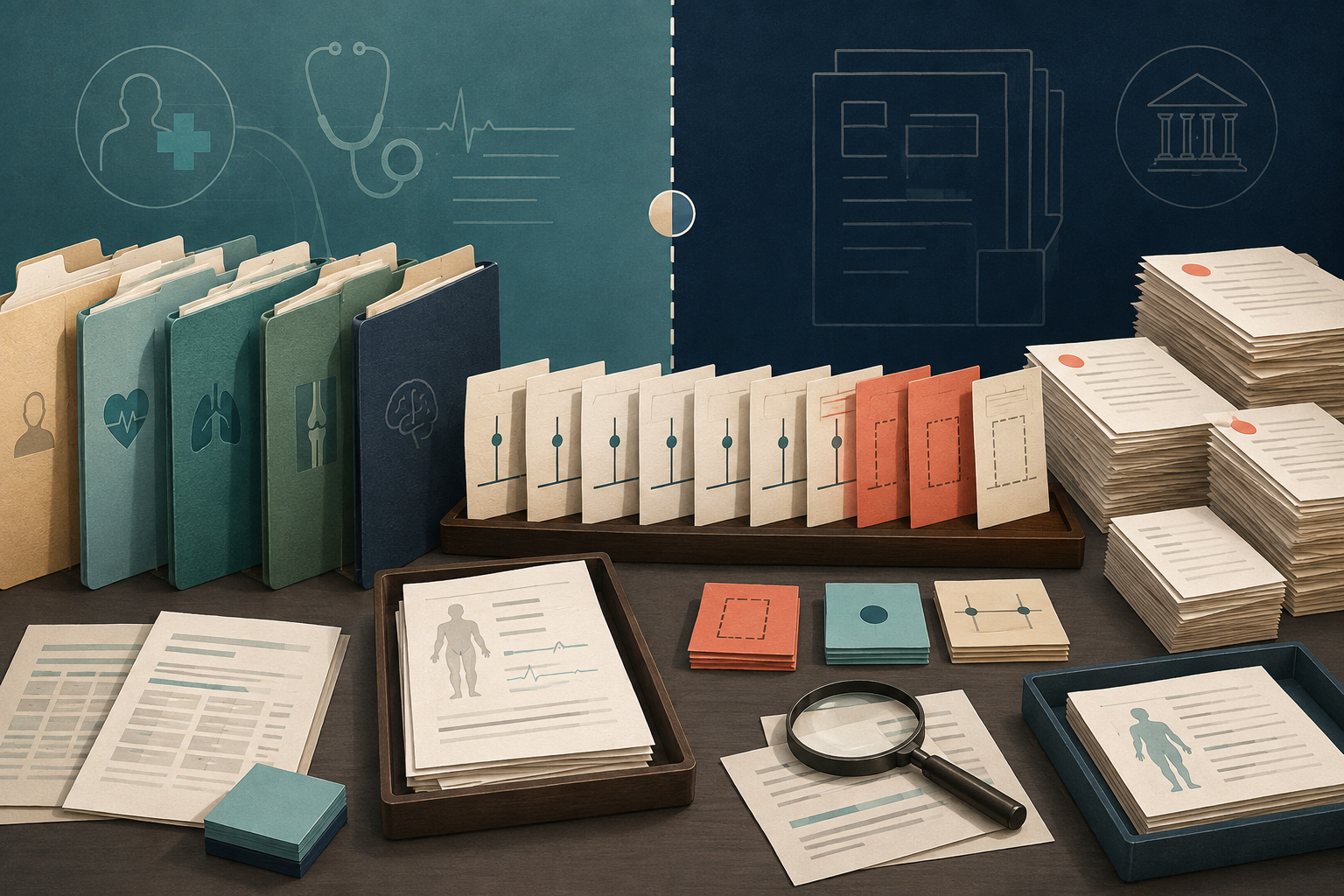 Medical-record chronology intake for offshore litigation support editorial illustration