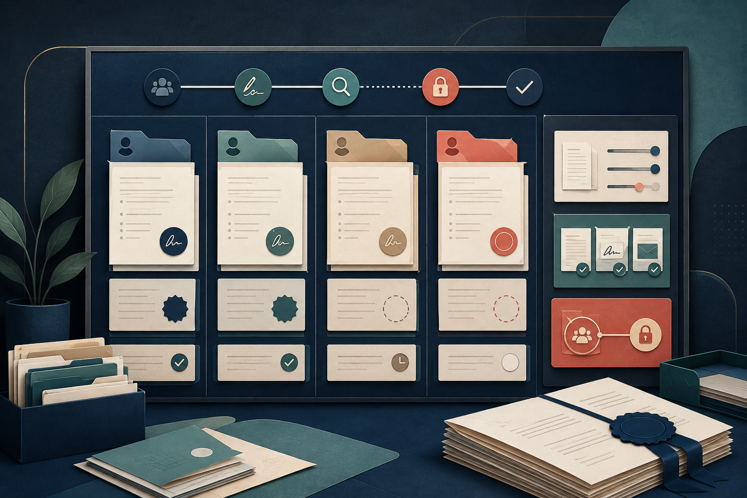 Settlement document execution boards with offshore legal support editorial illustration